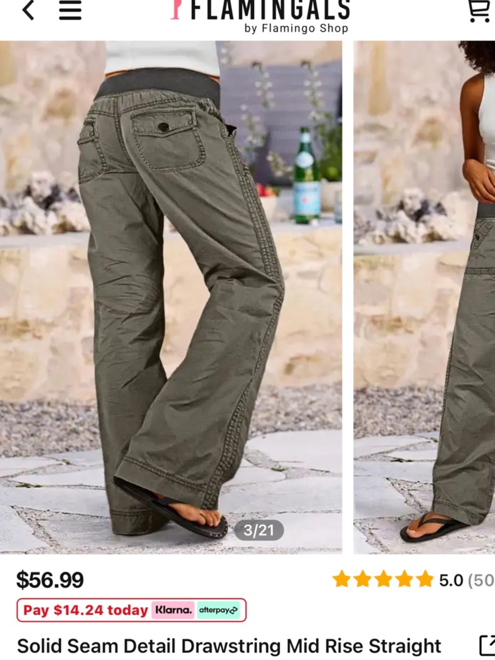 Flamingals Solid Seam Detail Drawstring Mid Rise Straight Leg Pants Size XS - Picture 2 of 11